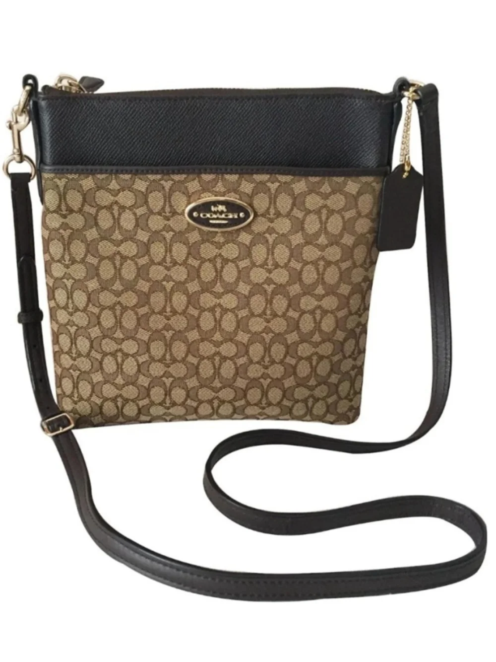 COACH 52576 North South Swingpack Signature Jacquard Leather Light Khaki/ Brown